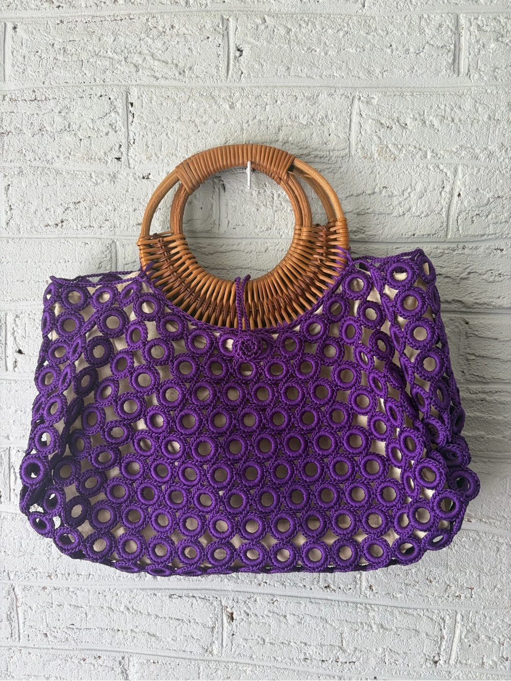 Purple Crochet Tote with Rattan Ring Handles